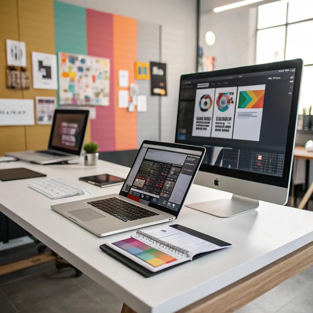 Creative web design studio workspace with layered branding mockups